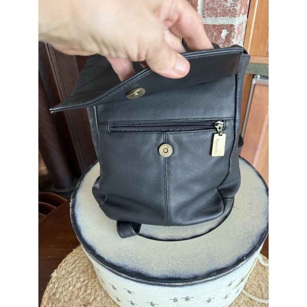 Tignanello Black Leather Sling Backpack‎ Day Pack Handbag Purse Adj Strap